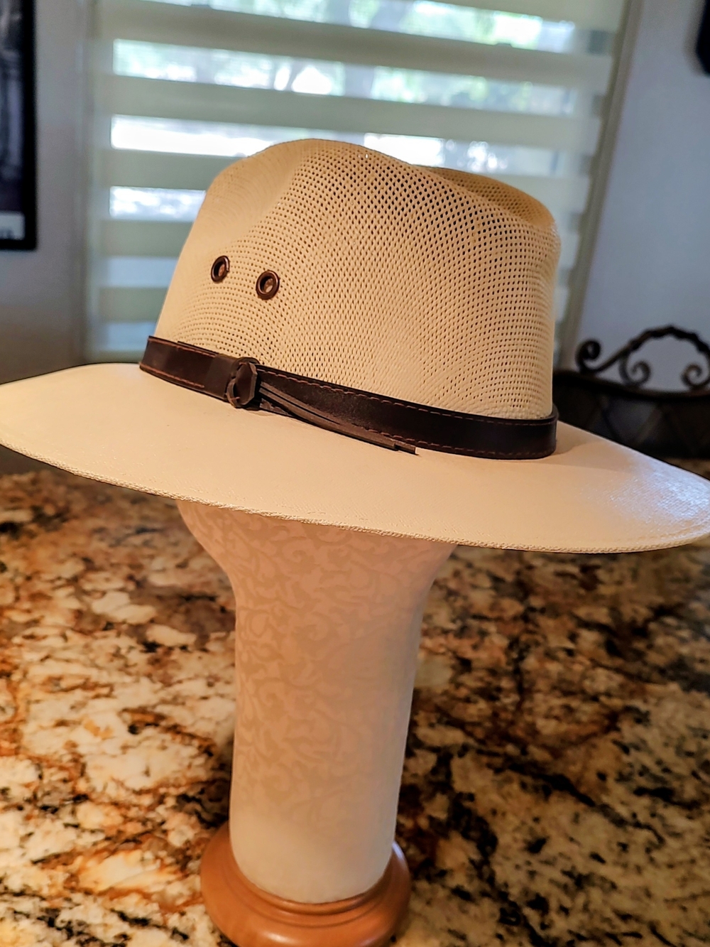 Enper Cream Straw Hat with Dark Brown Leather Band